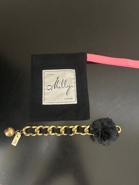 Milly of New York Gold Link Bracelet -Blk ribbon-Blk Flower. NWT